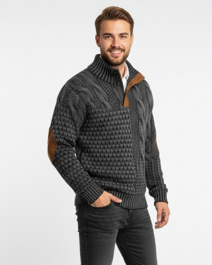 Aaron Pull Homme Patchwork – Col Montant à Boutons & Détails Suédine Coupe Regular