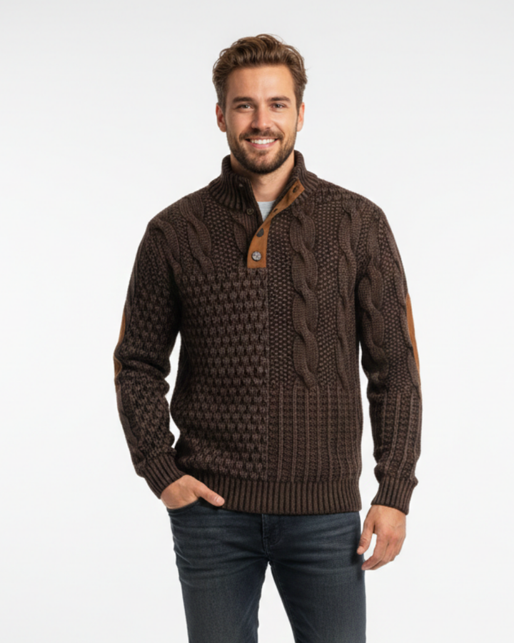 Aaron Pull Homme Patchwork – Col Montant à Boutons & Détails Suédine Coupe Regular