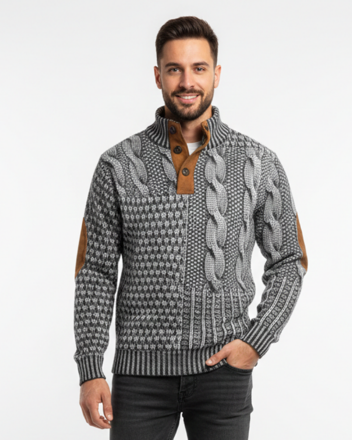 Aaron Pull Homme Patchwork – Col Montant à Boutons & Détails Suédine Coupe Regular