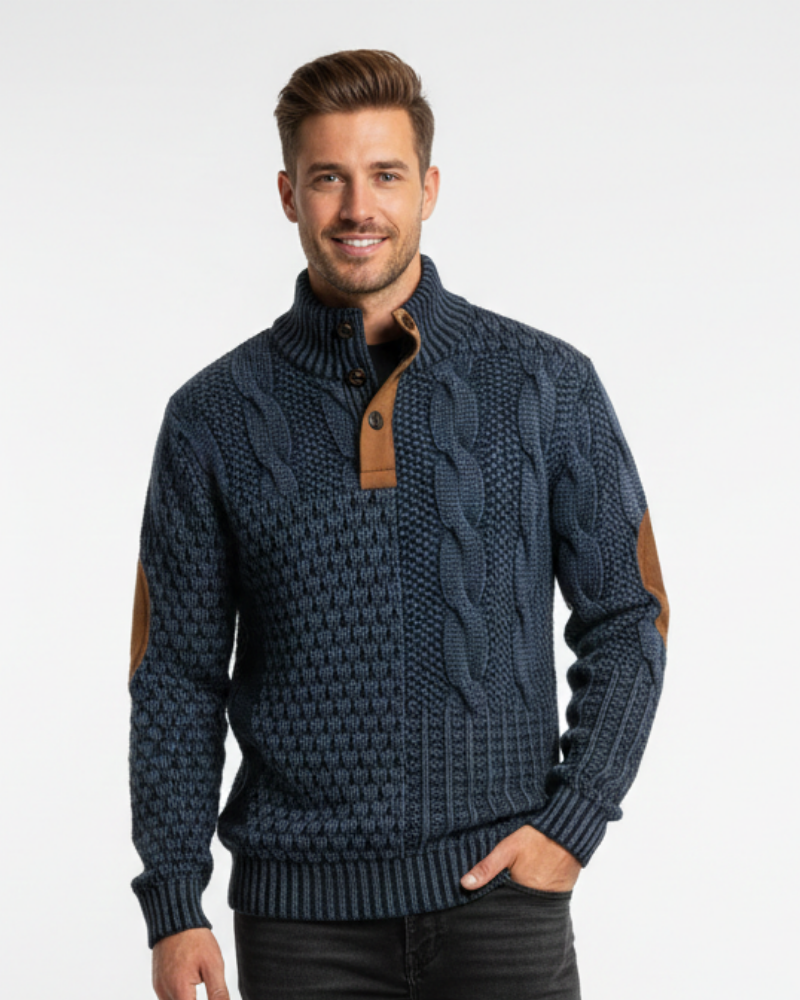 Aaron Pull Homme Patchwork – Col Montant à Boutons & Détails Suédine Coupe Regular
