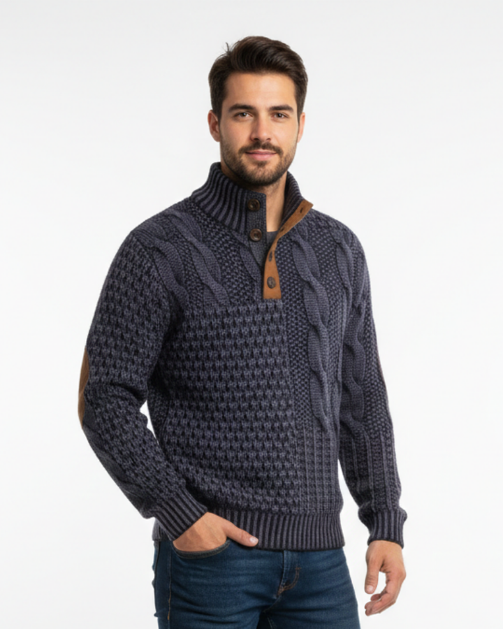 Aaron Pull Homme Patchwork – Col Montant à Boutons & Détails Suédine Coupe Regular