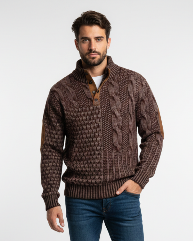 Aaron Pull Homme Patchwork – Col Montant à Boutons & Détails Suédine Coupe Regular