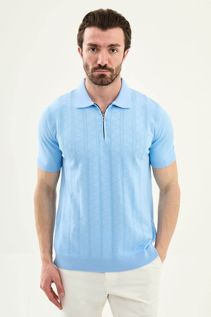 Alassio Zip Knit Polo — Sky Blue · Oliver Bradley