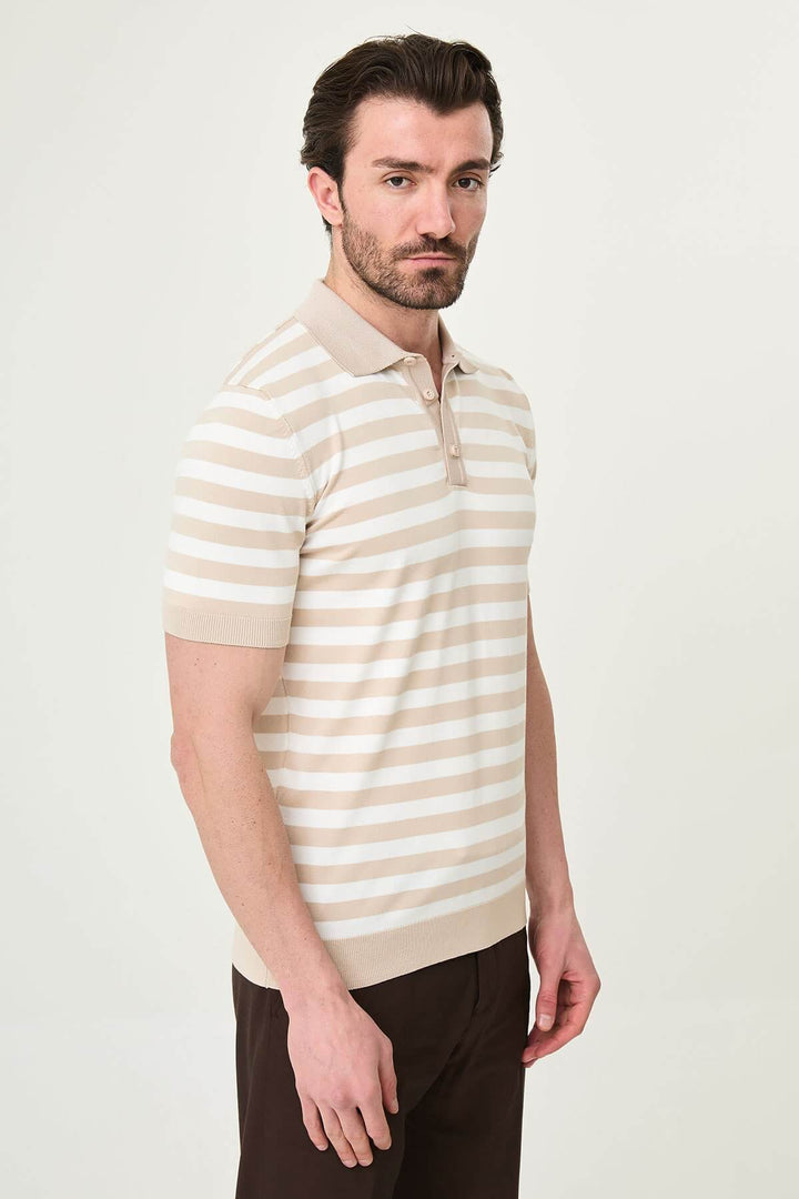 Ancona Striped Knit Polo — Beige & White · Oliver Bradley