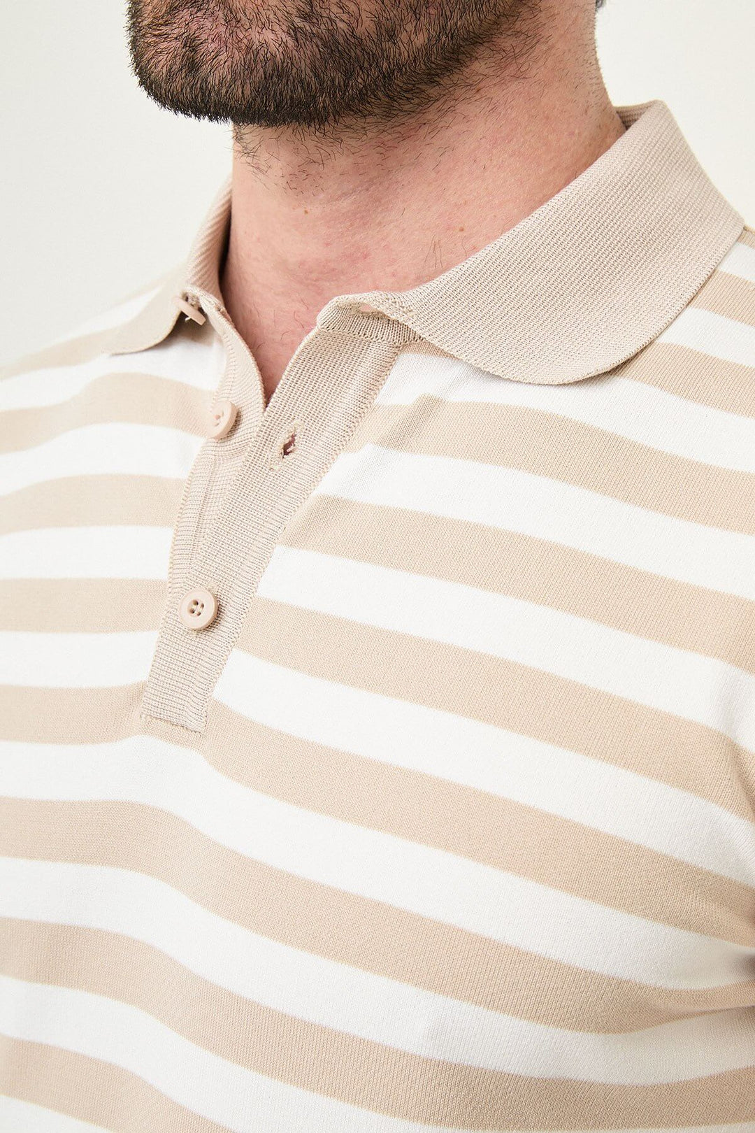 Ancona Striped Knit Polo — Beige & White · Oliver Bradley