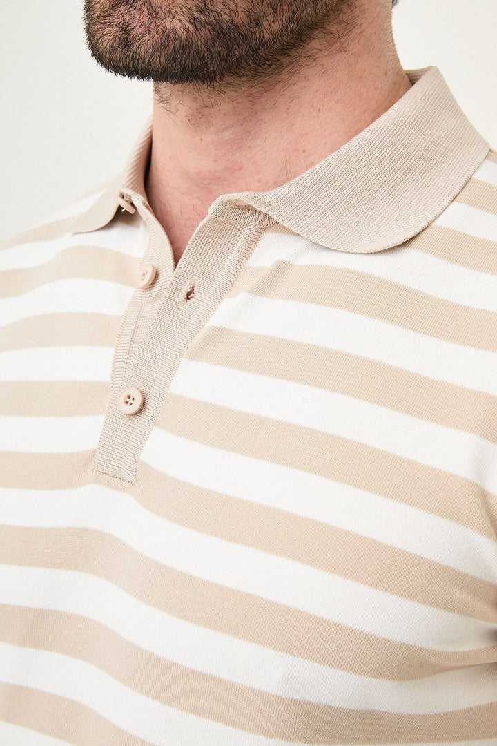 Ancona Striped Knit Polo — Beige & White · Oliver Bradley