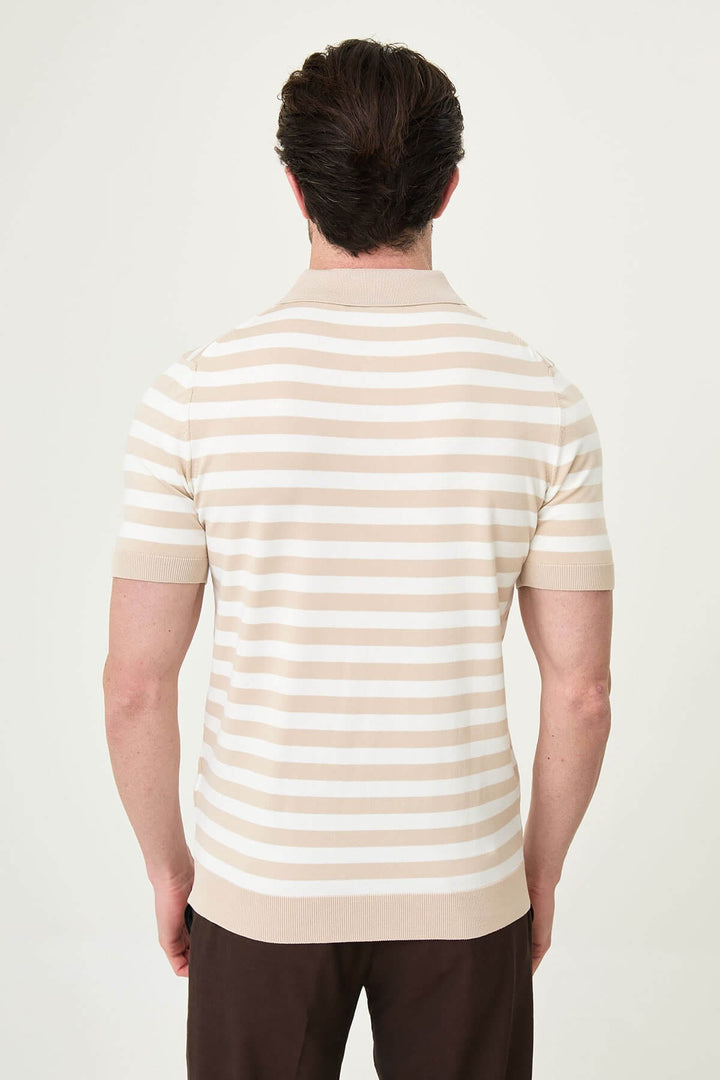 Ancona Striped Knit Polo — Beige & White · Oliver Bradley