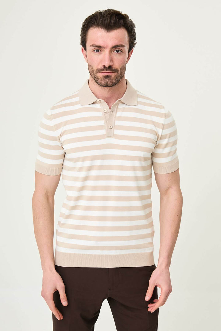 Ancona Striped Knit Polo — Beige & White · Oliver Bradley