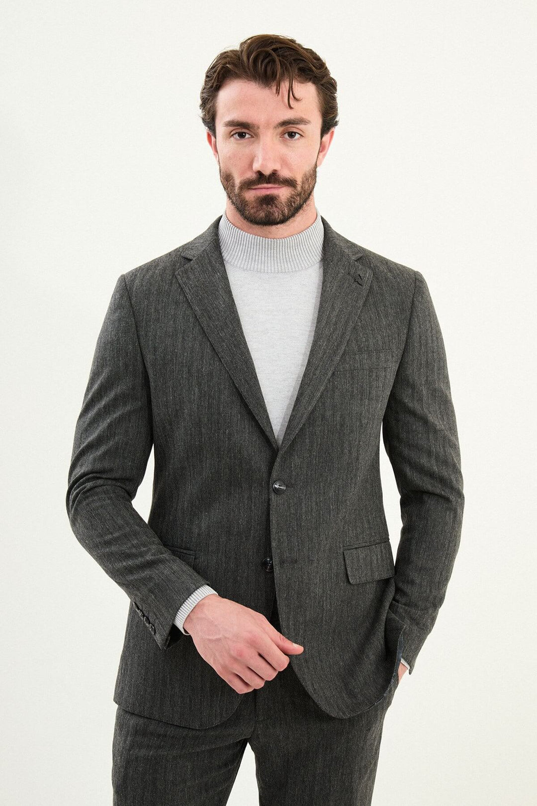 Annecy Slim Fit Suit — Grey Herringbone · Oliver Bradley