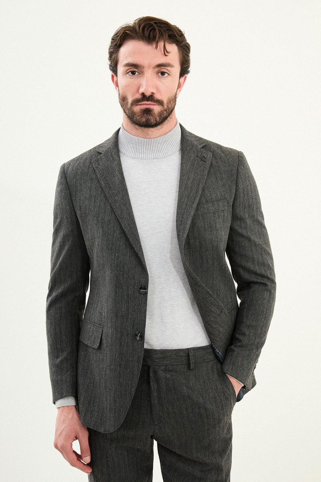 Annecy Slim Fit Suit — Grey Herringbone · Oliver Bradley
