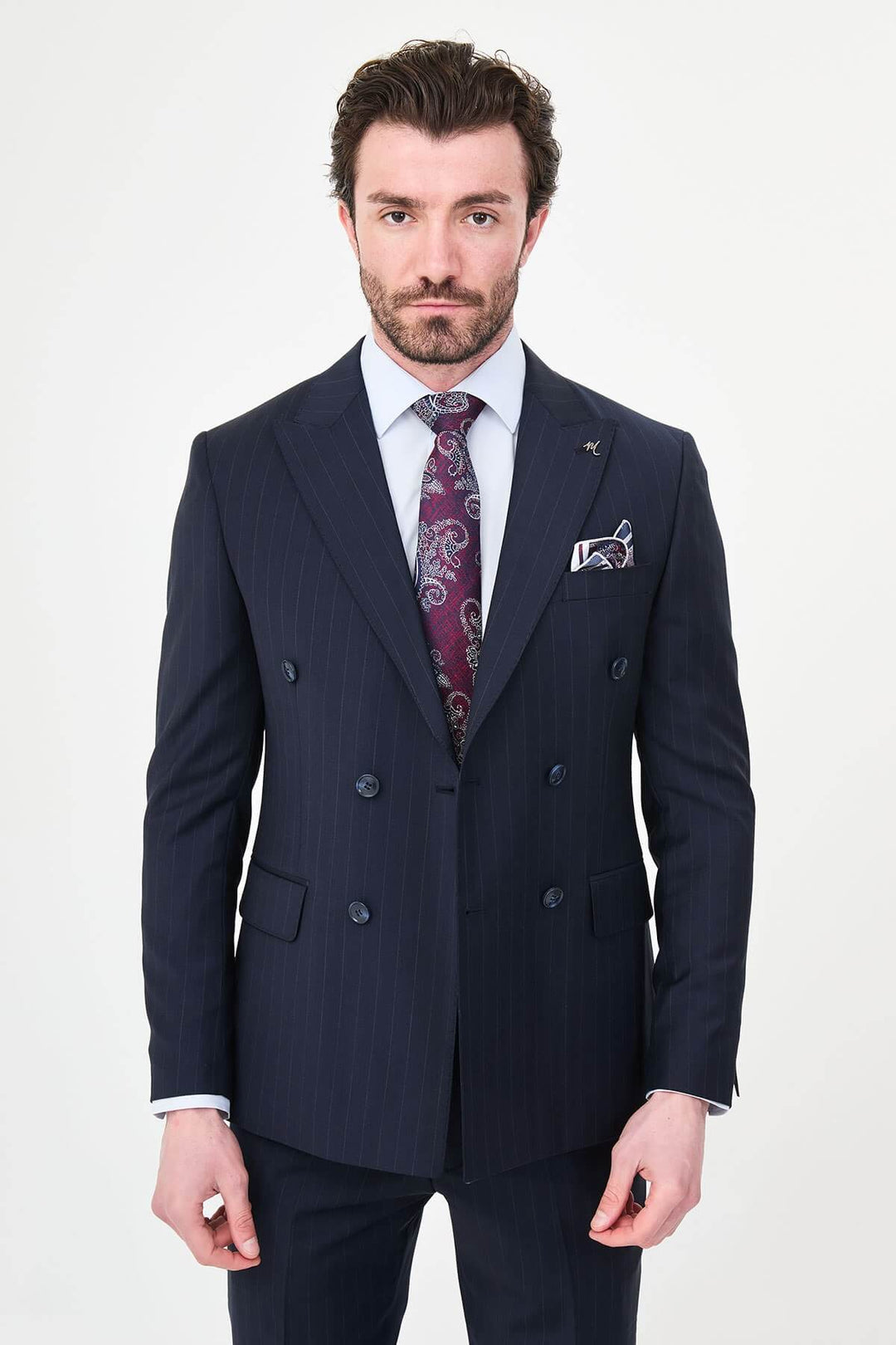 Antibes Double Breasted Suit — Navy Pinstripe · Oliver Bradley