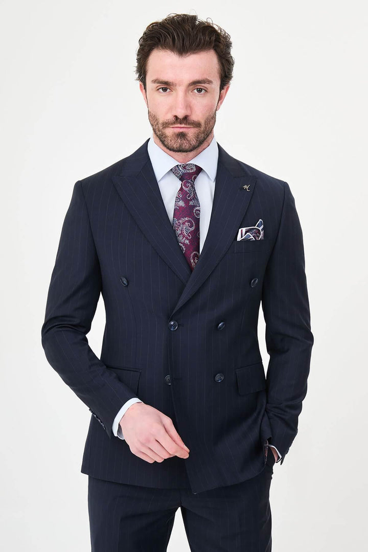 Antibes Double Breasted Suit — Navy Pinstripe · Oliver Bradley