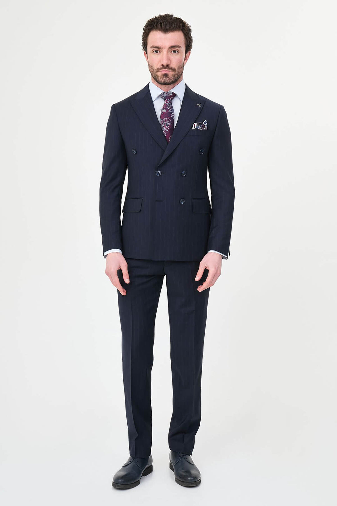 Antibes Double Breasted Suit — Navy Pinstripe · Oliver Bradley
