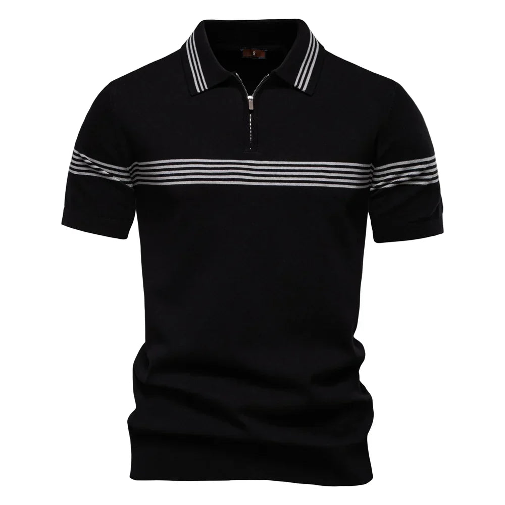 Clarke London Short-Sleeve Zip Polo Shirt Slim Fit With Stripes · Oliver Bradley