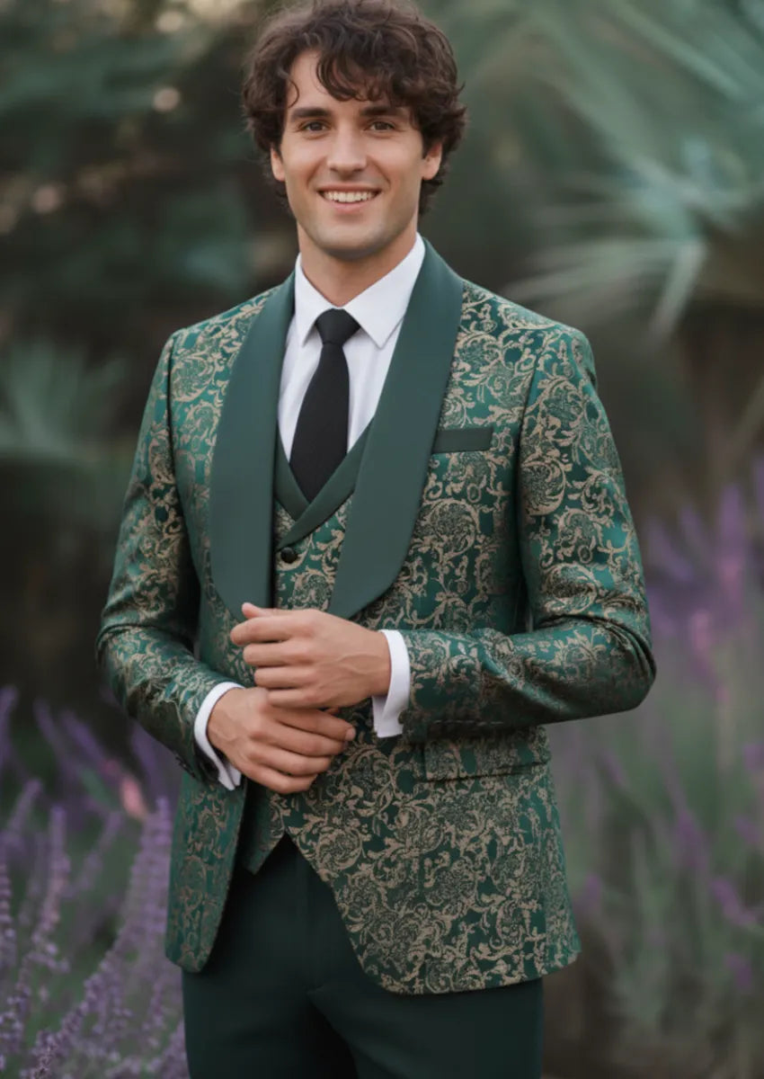 Emerald & Gold Damask Jacquard Tuxedo (3-Piece) · Oliver Bradley