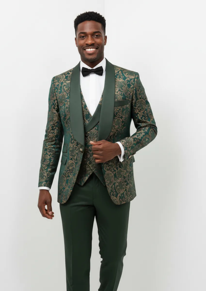 Emerald & Gold Damask Jacquard Tuxedo (3-Piece) · Oliver Bradley