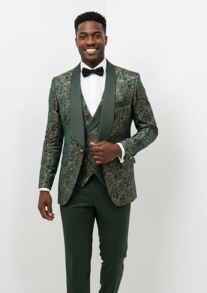 Emerald & Gold Damask Jacquard Tuxedo (3-Piece) · Oliver Bradley