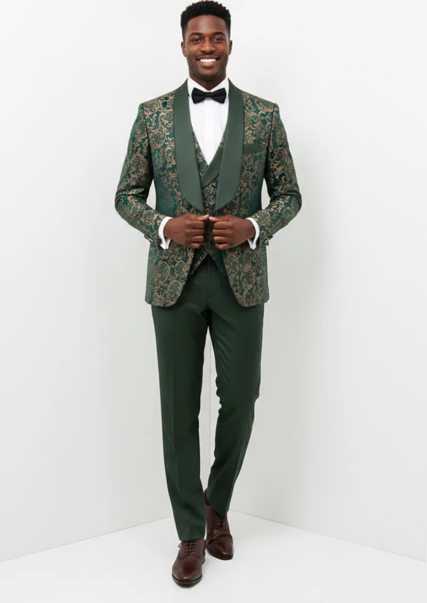Emerald & Gold Damask Jacquard Tuxedo (3-Piece) · Oliver Bradley