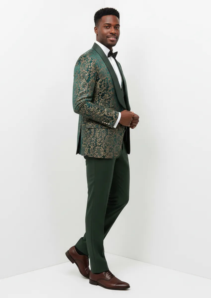 Emerald & Gold Damask Jacquard Tuxedo (3-Piece) · Oliver Bradley