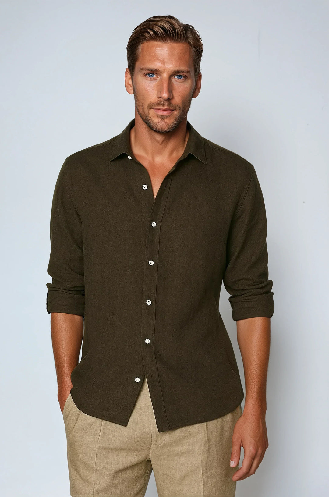 Essential Men Lightweight Linen Shirt - Deep Brown · Oliver Bradley