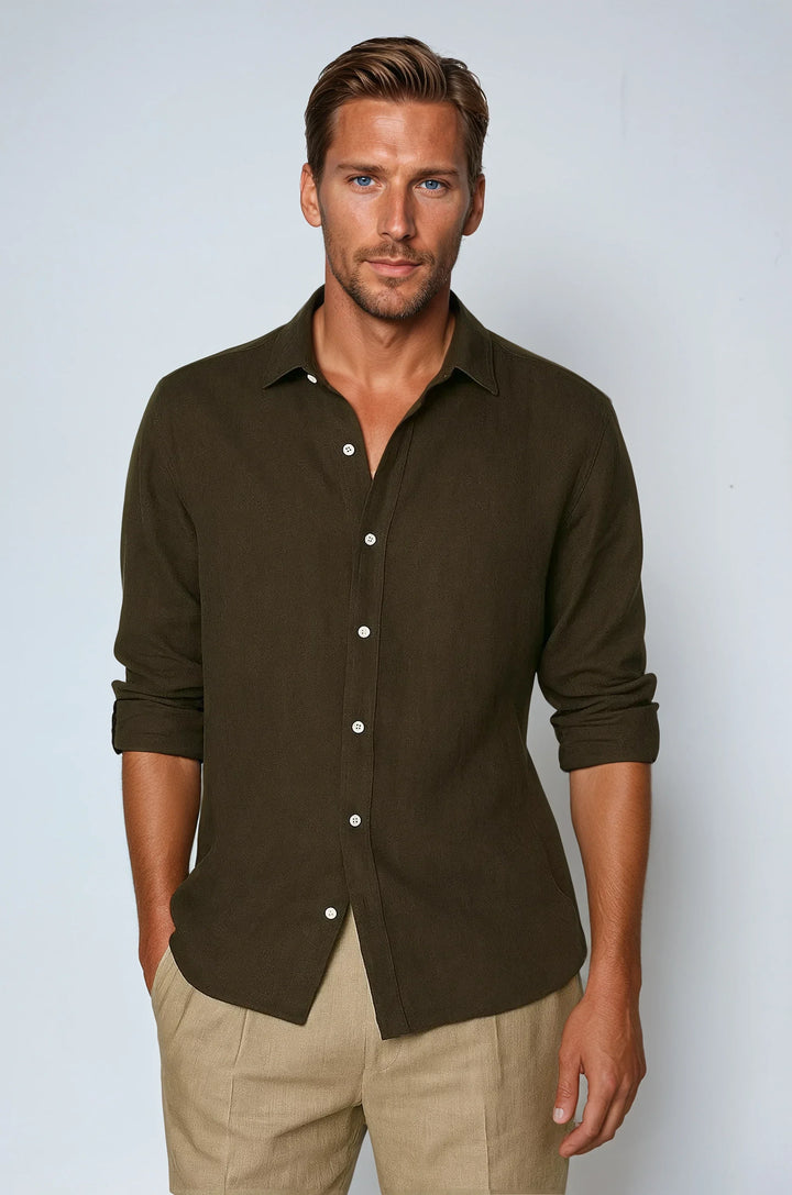 Essential Men Lightweight Linen Shirt - Deep Brown · Oliver Bradley
