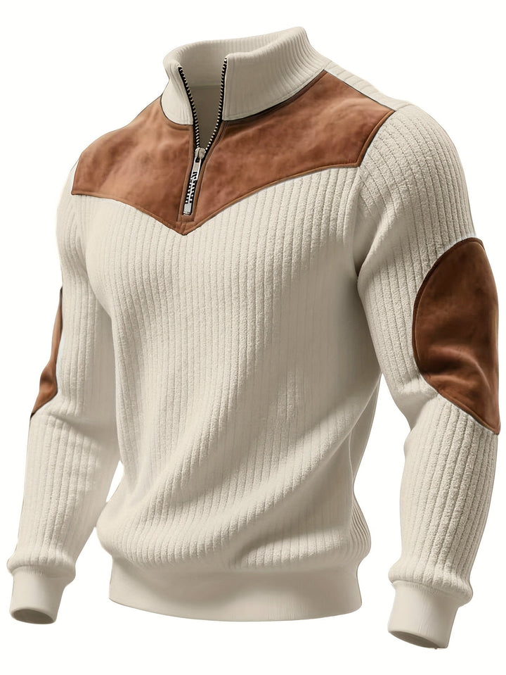 Half-Zip Retro Pullover Sweater for Men – Ribbed Patchwork Streetwear · Oliver Bradley