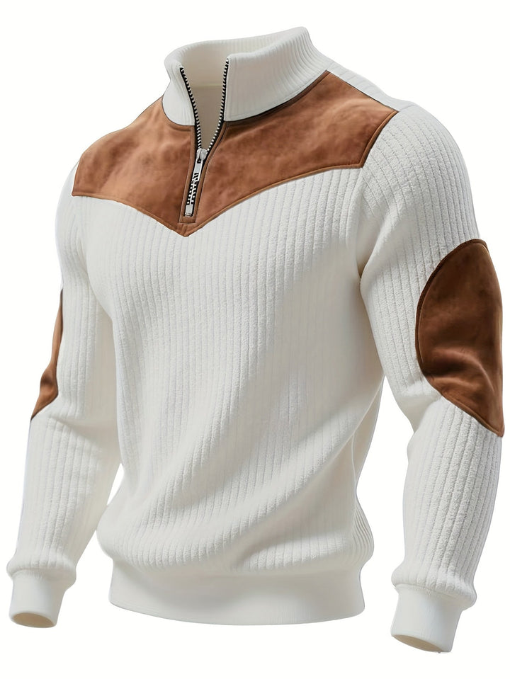 Half-Zip Retro Pullover Sweater for Men – Ribbed Patchwork Streetwear · Oliver Bradley