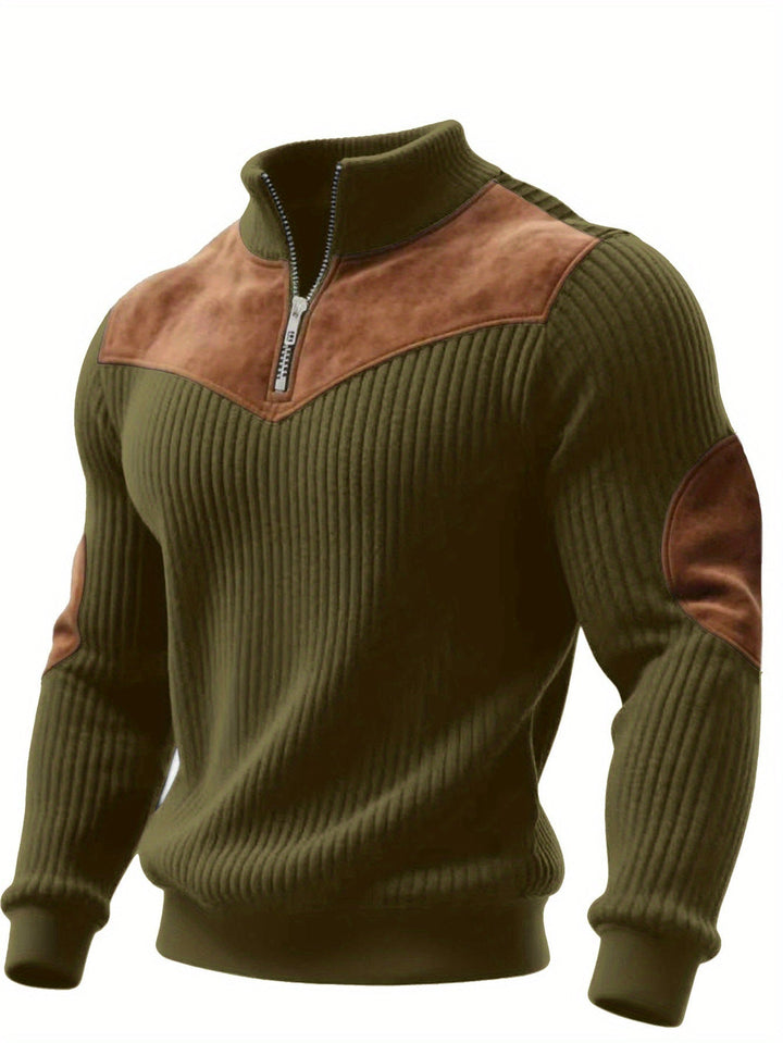 Half-Zip Retro Pullover Sweater for Men – Ribbed Patchwork Streetwear · Oliver Bradley