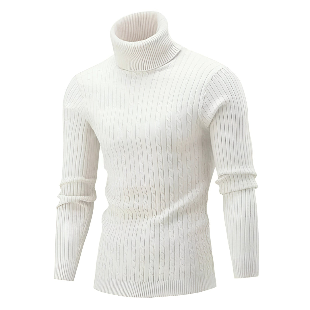 Luxury Black Cable Knit Turtleneck Sweater - Thick Wool, Ribbed Collar · Oliver Bradley