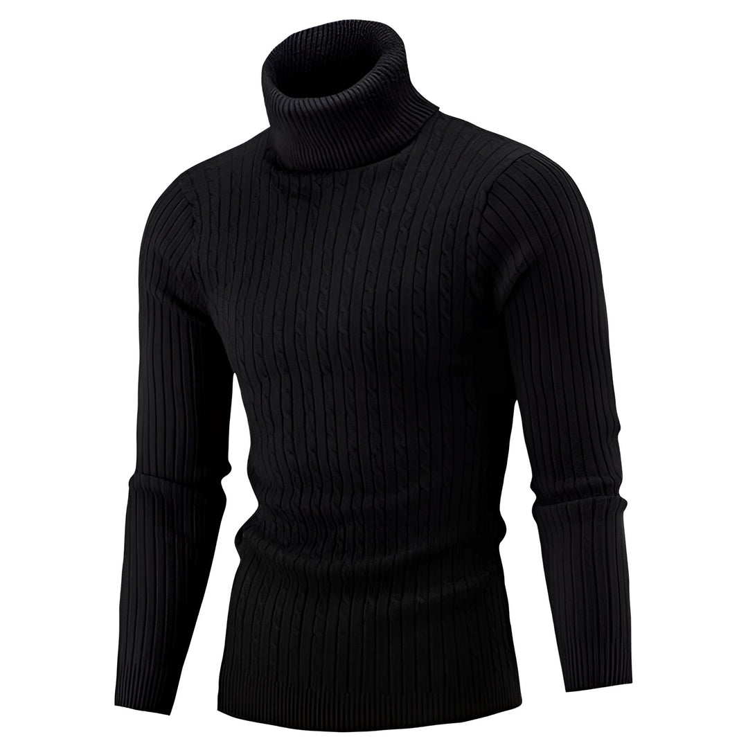 Luxury Black Cable Knit Turtleneck Sweater - Thick Wool, Ribbed Collar · Oliver Bradley