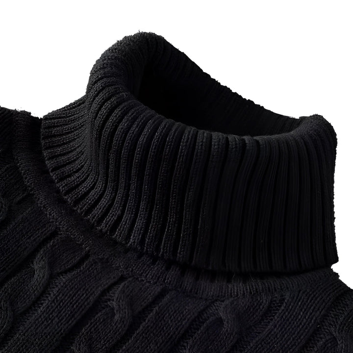 Luxury Black Cable Knit Turtleneck Sweater - Thick Wool, Ribbed Collar · Oliver Bradley