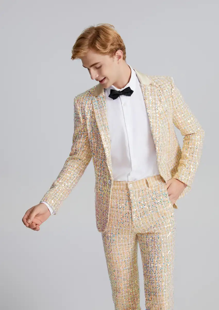Men’s 2-Piece Linen Sparkle Gridline Champagne Suit · Oliver Bradley