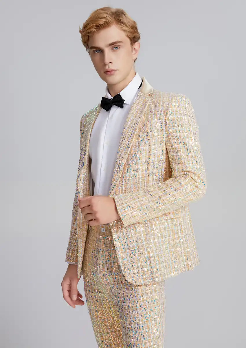 Men’s 2-Piece Linen Sparkle Gridline Champagne Suit · Oliver Bradley