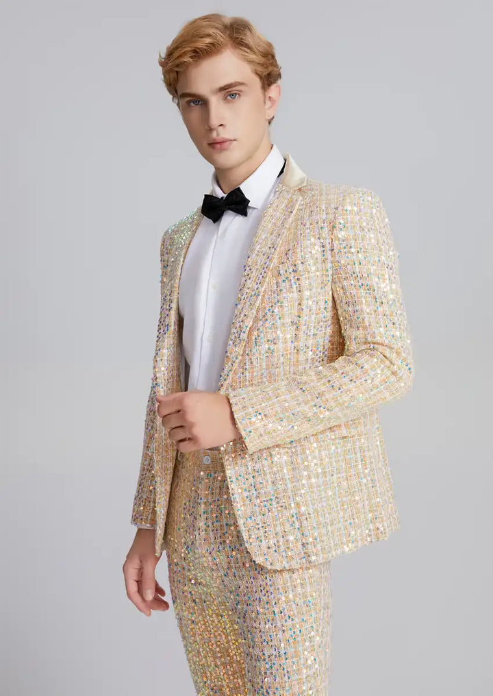 Men’s 2-Piece Linen Sparkle Gridline Champagne Suit · Oliver Bradley