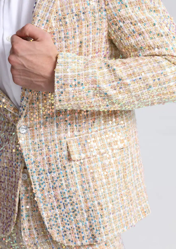 Men’s 2-Piece Linen Sparkle Gridline Champagne Suit · Oliver Bradley