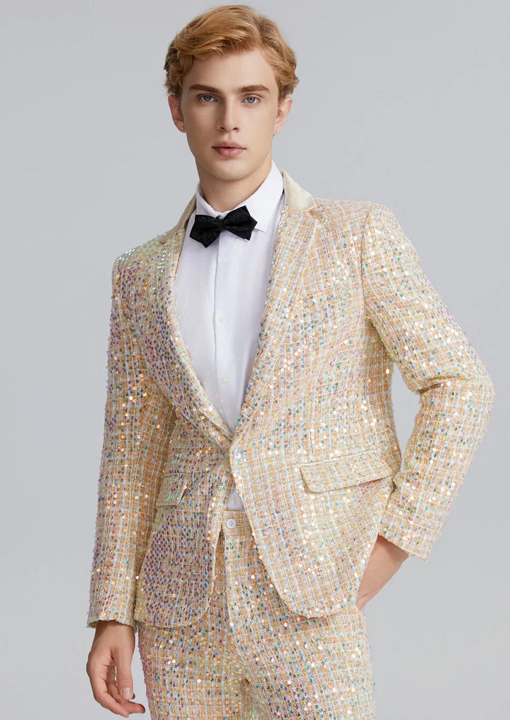 Men’s 2-Piece Linen Sparkle Gridline Champagne Suit · Oliver Bradley