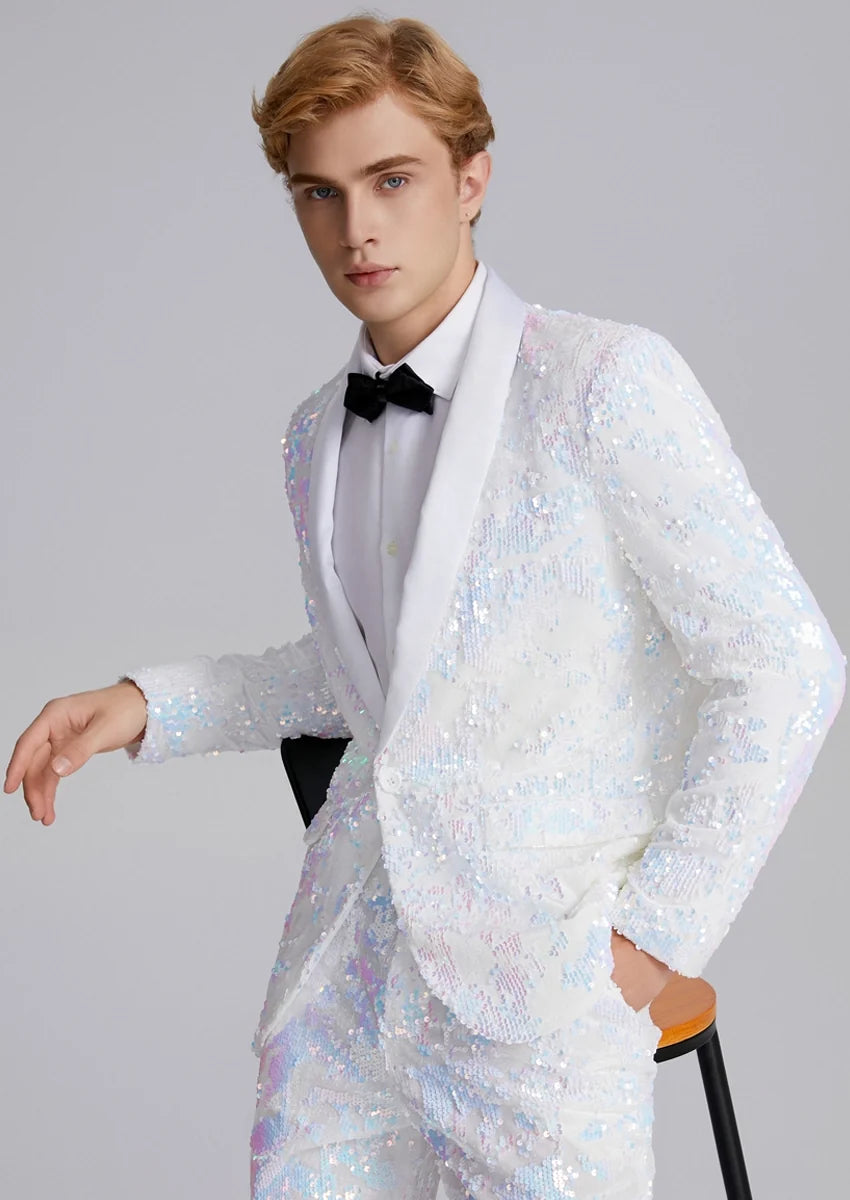 Men's 2-Piece Shawl Lapel in Satin Blue and White Sequin Tuxedo · Oliver Bradley