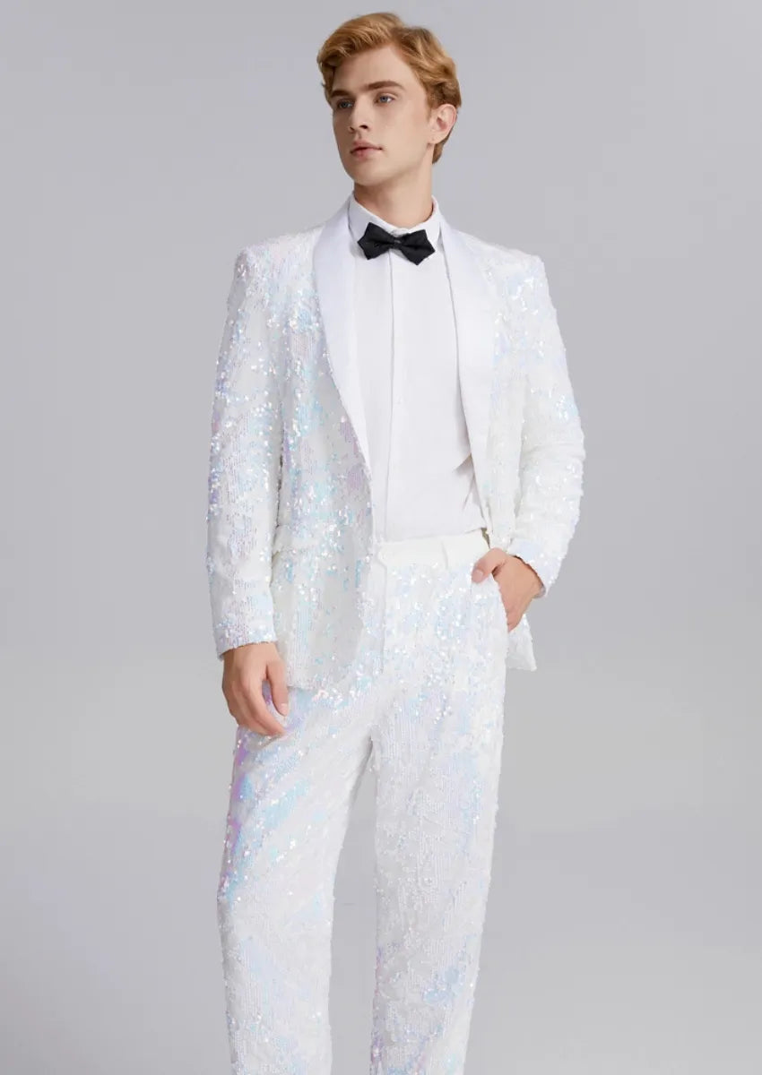 Men's 2-Piece Shawl Lapel in Satin Blue and White Sequin Tuxedo · Oliver Bradley