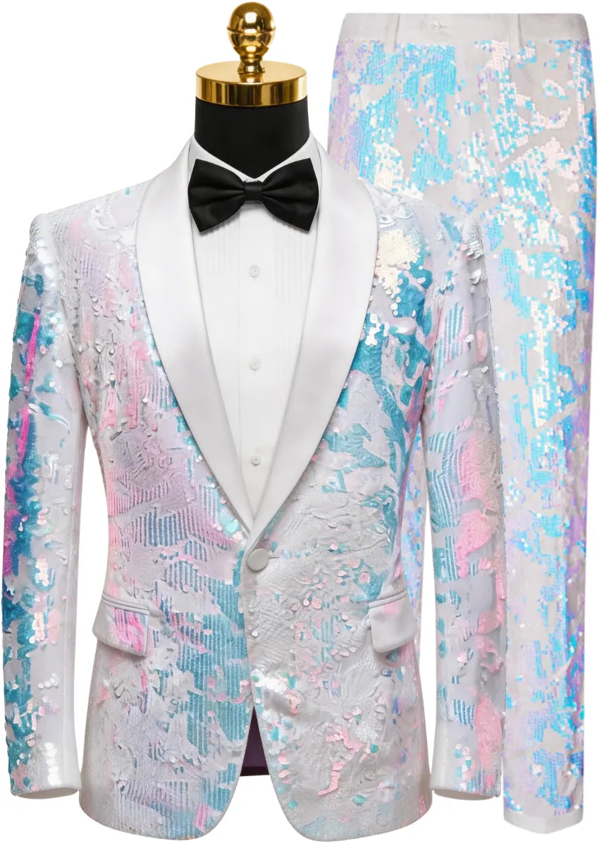 Men's 2-Piece Shawl Lapel in Satin Blue and White Sequin Tuxedo · Oliver Bradley
