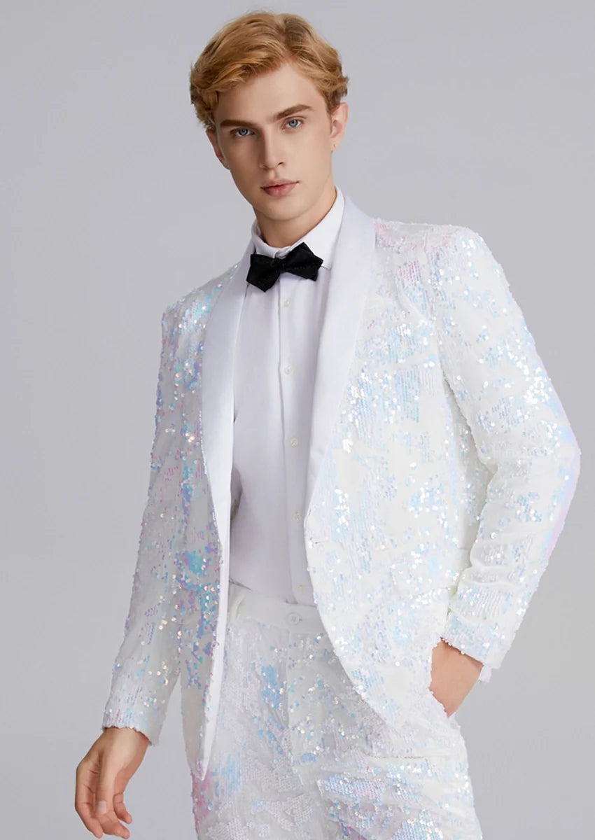 Men's 2-Piece Shawl Lapel in Satin Blue and White Sequin Tuxedo · Oliver Bradley
