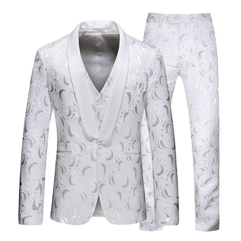 Men's 3-Piece White Rose Embroidery Shawl Lapel Wedding Suit · Oliver Bradley