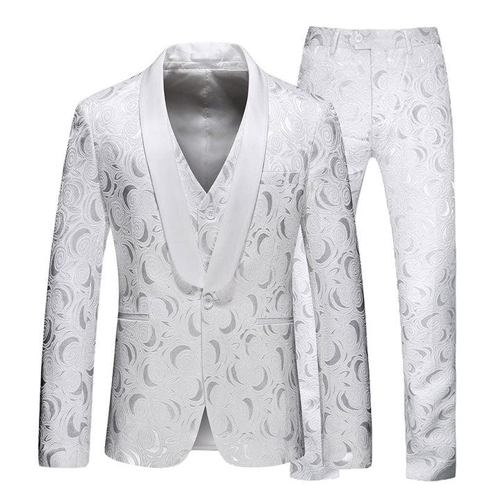 Men's 3-Piece White Rose Embroidery Shawl Lapel Wedding Suit · Oliver Bradley