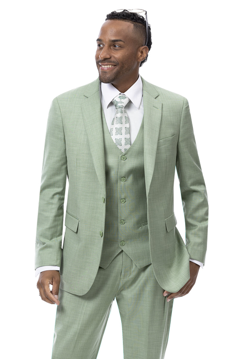 Mens Modern Fit Two Button Vested Sharkskin Business Suit in Moss Green · Oliver Bradley