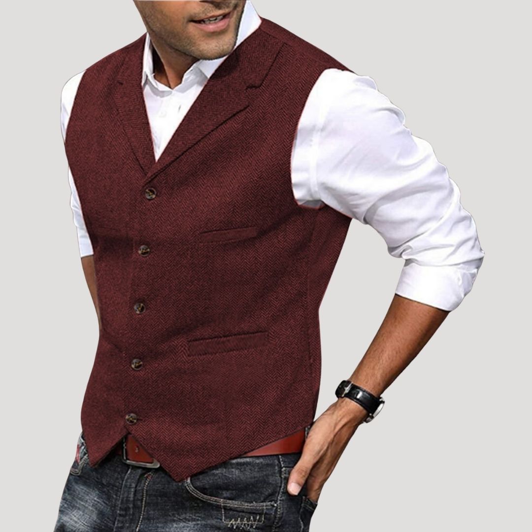 Roger | Men’s V-Neck Button-Down Vest with Vintage Buttons · Oliver Bradley