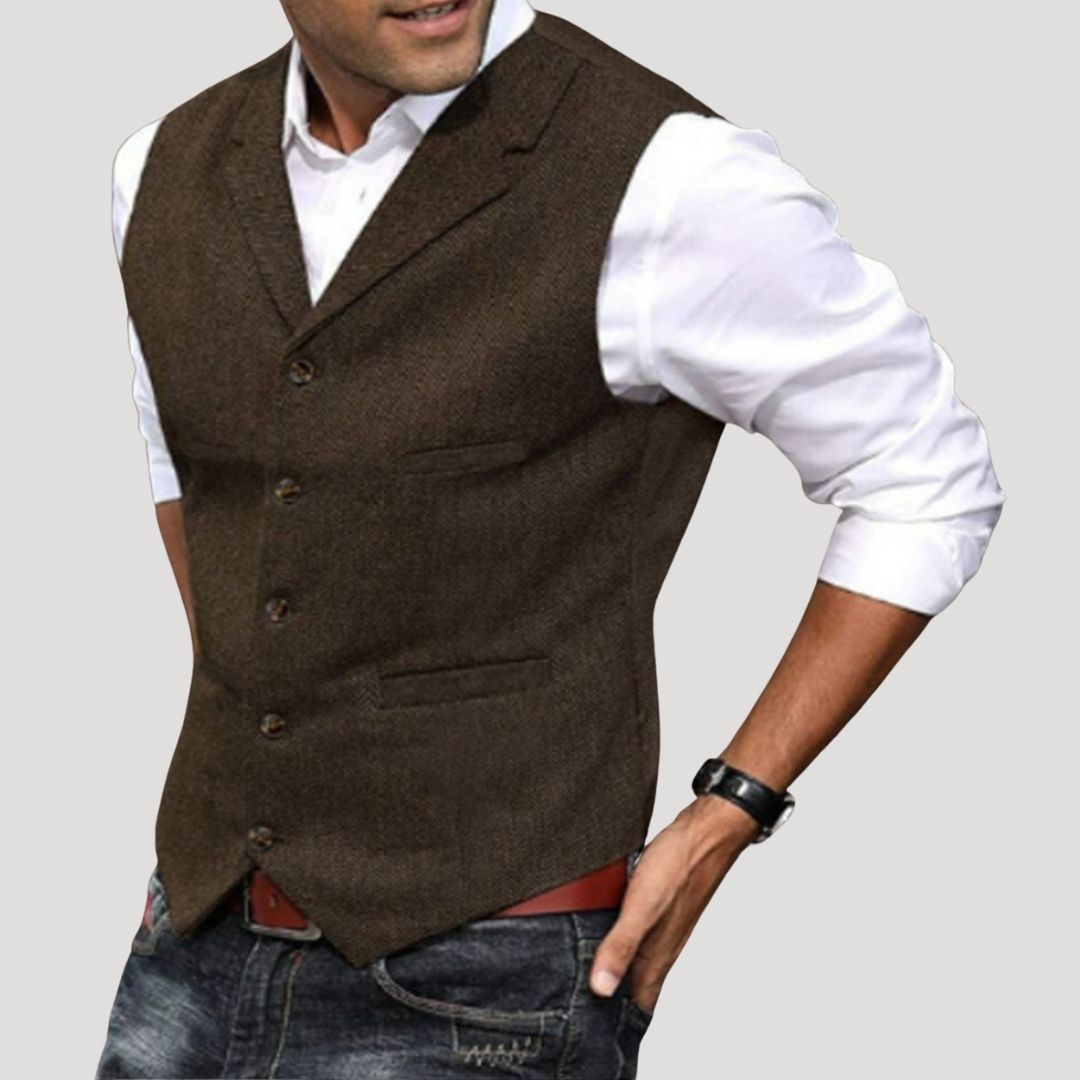Roger | Men’s V-Neck Button-Down Vest with Vintage Buttons · Oliver Bradley