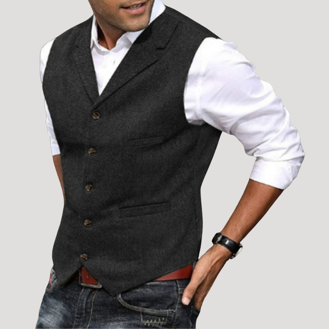 Roger | Men’s V-Neck Button-Down Vest with Vintage Buttons · Oliver Bradley
