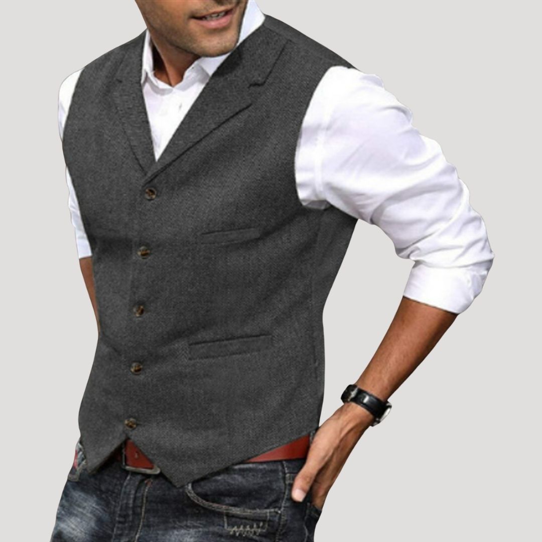 Roger | Men’s V-Neck Button-Down Vest with Vintage Buttons · Oliver Bradley