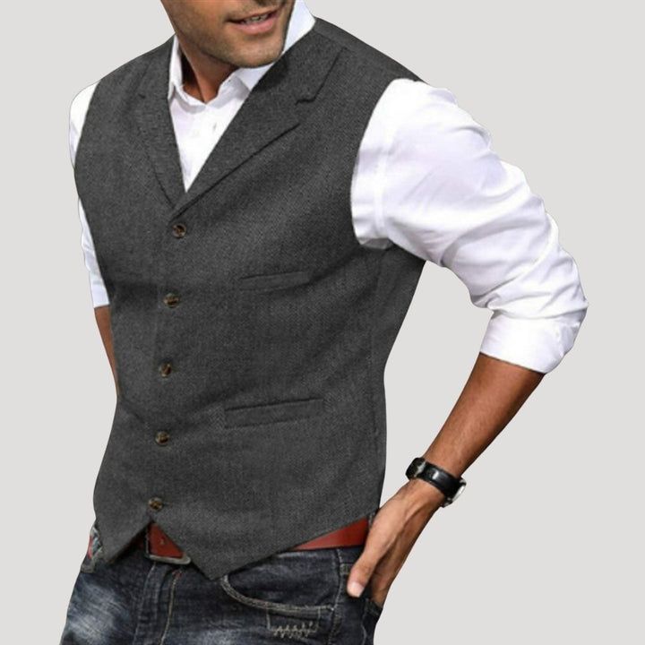 Roger | Men’s V-Neck Button-Down Vest with Vintage Buttons · Oliver Bradley