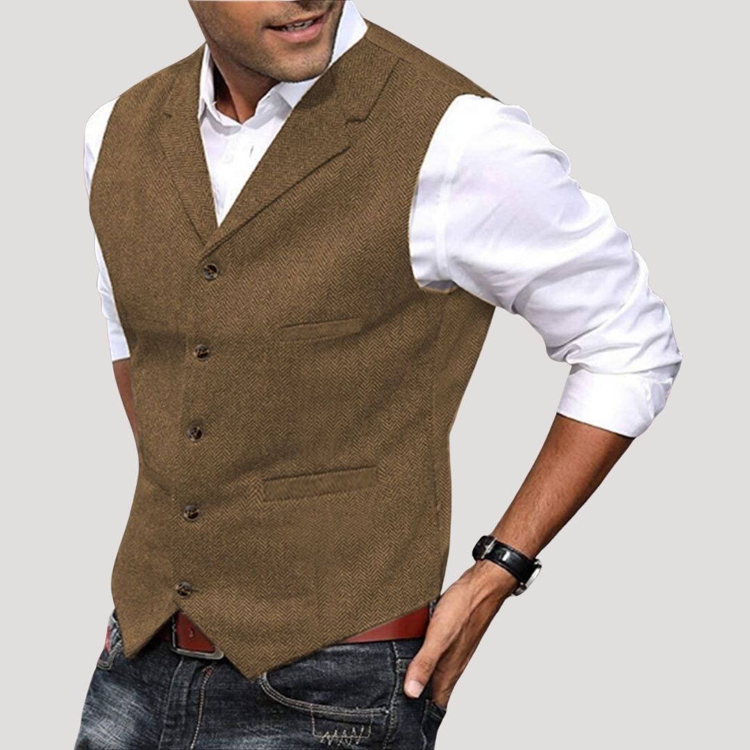 Roger | Men’s V-Neck Button-Down Vest with Vintage Buttons · Oliver Bradley
