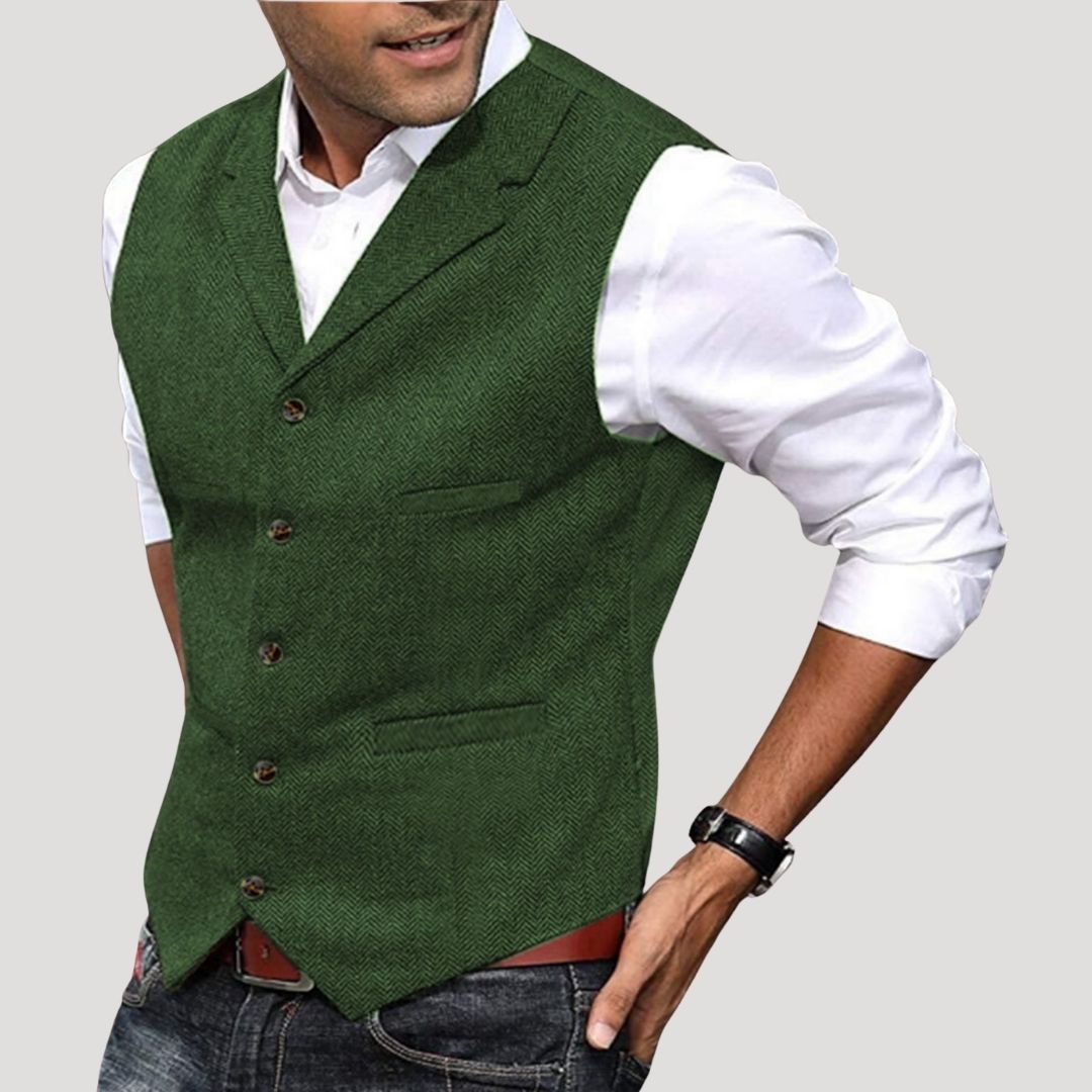 Roger | Men’s V-Neck Button-Down Vest with Vintage Buttons · Oliver Bradley